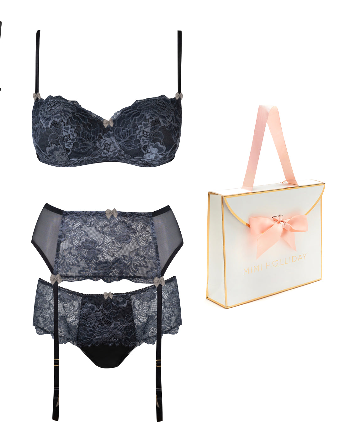 Charme du Charbon Padded Bra, Brief, Suspender &amp; Bag Gift Set