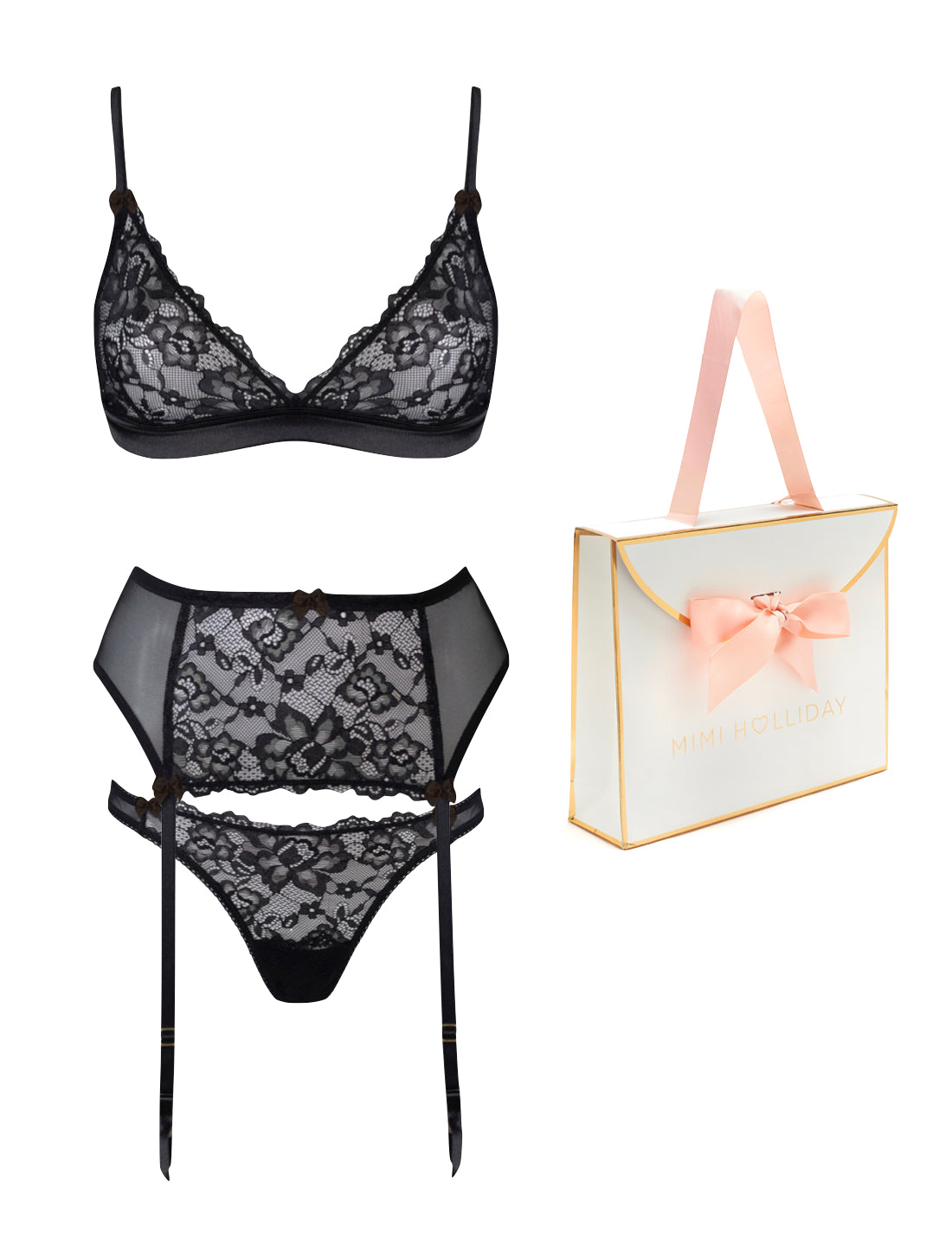 Noir de la Nuit Triangle Bra, Thong &amp; Suspender Gift Set